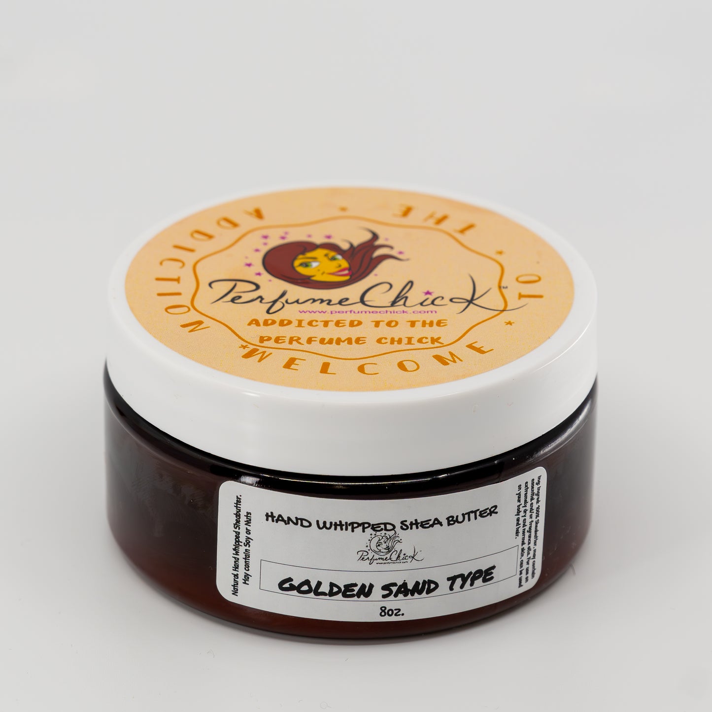 Jar of hand whipped shea butter with 'Perfume Chick' branding on a white background