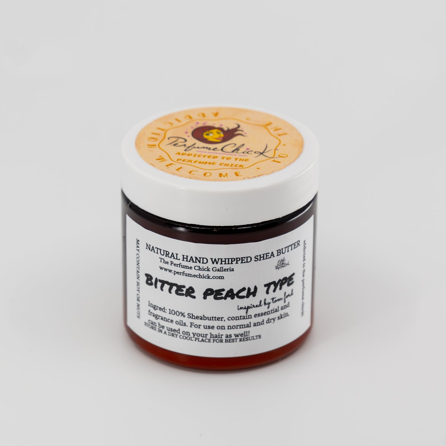Jar of natural hand whipped shea butter with 'Perfume Chick' branding on a white background